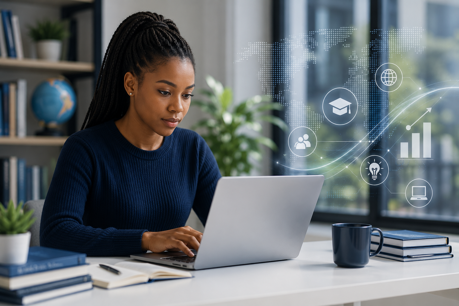 A student learning online with a laptop, surrounded by digital education icons